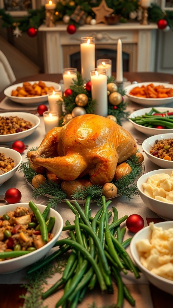 Christmas Dinner Recipe for a Family of 4 A festive Christmas dinner table with roasted turkey, stuffing, mashed potatoes, and green beans.